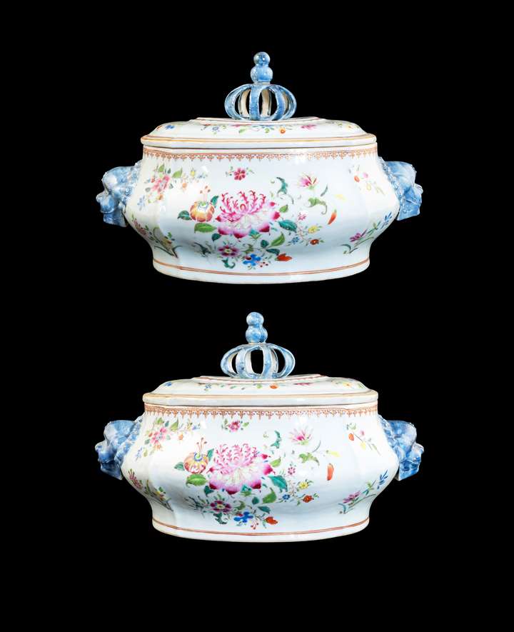 Pair of Chinese export porcelain famille rose tureens and covers